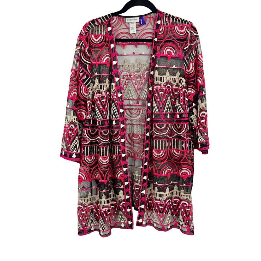 Catherines Embroidered Mesh Kimono Jacket Boho‎ Pink Black - Women's Size 2XWP